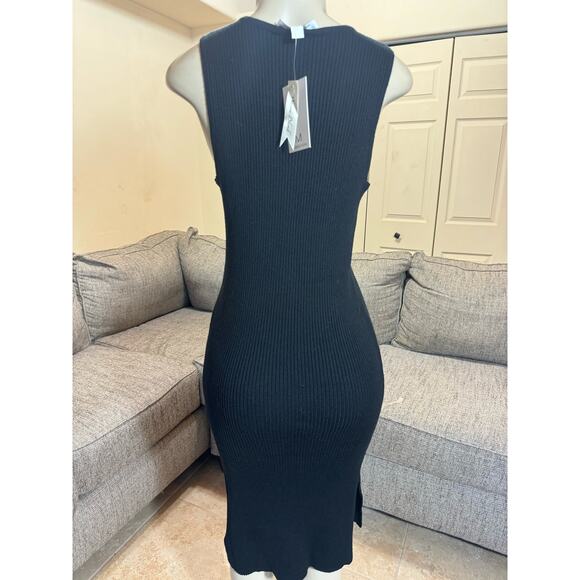 Black Ribbed Sweater Dress Stretch Midi Sleeveless VNeck MAGASCHONI Size L NWT - Picture 3 of 5